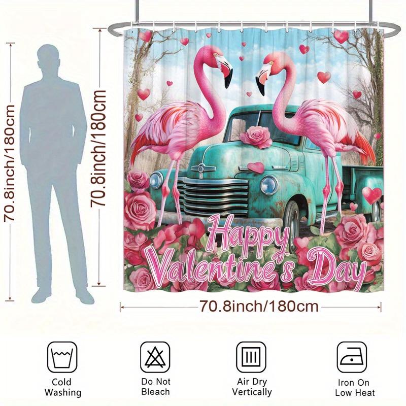 1pc Flamingo Valentine Shower Curtain - Green Truck, Romantic Design, Polyester, Includes Hooks, 70.8x70.8"
