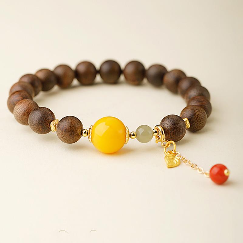 Agarwood & Amber Buddhist Beads Bracelet for Women - Xiaohongshu Style