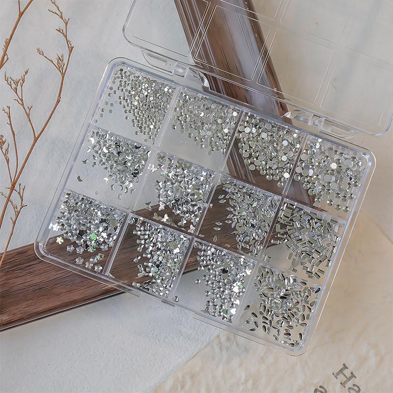 

12 Grids/Box Clear Silver Red Mixed Sizes Flat Bottom Nail Art 3D Glitter Decoration Nail Parts Accessories серебряный