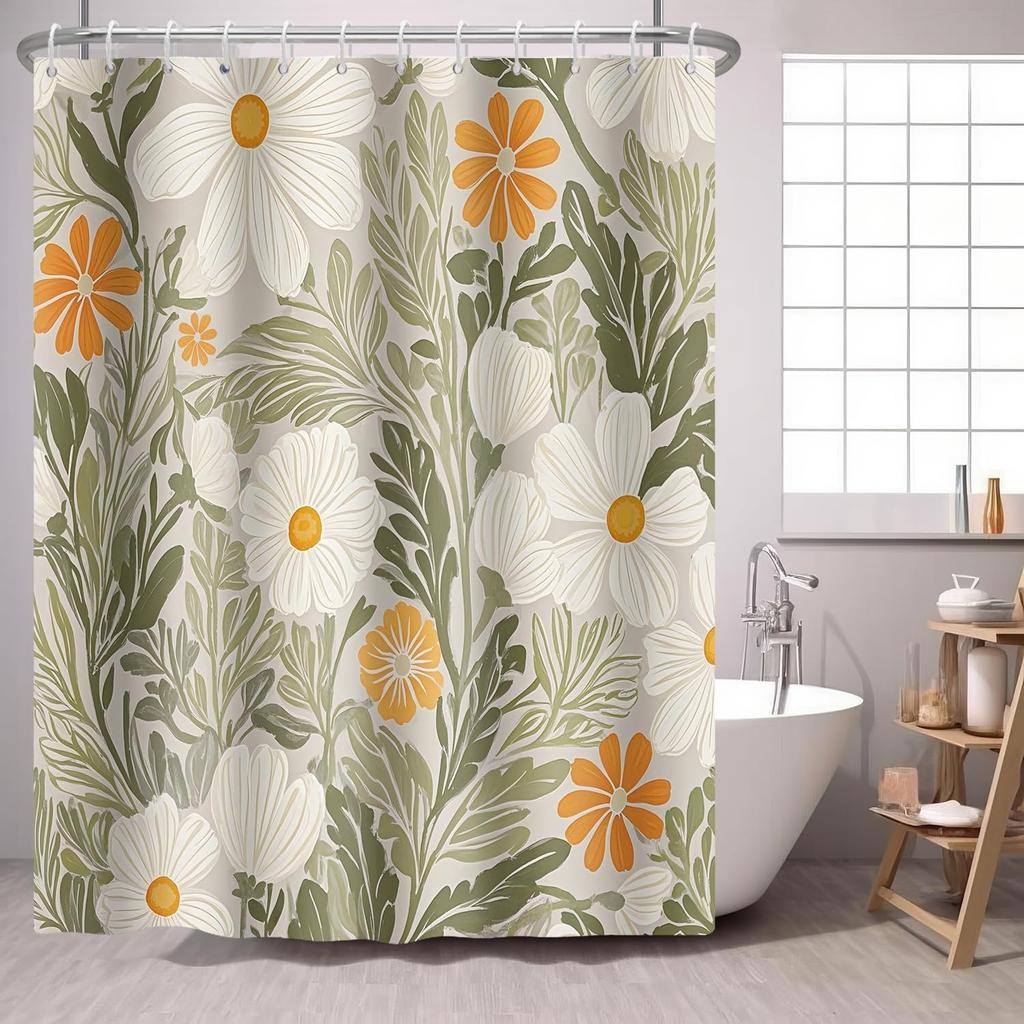 Boho Flower Shower Curtain Mandala Floral Vintage Flower,Pink Blue Bright Petal Leaves Farmhouse Fabric Shower Curtains Bathroom