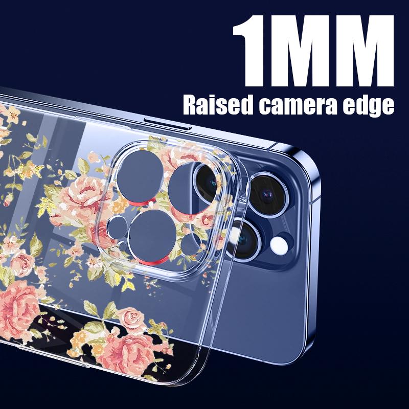 For iPhone 16 Plus 15 14 Pro 12 13 Pro Max 11 Shockproof Color Rose Flower Pattern Hard Pc Transparent Slim Lens Protection Phone Case Cover