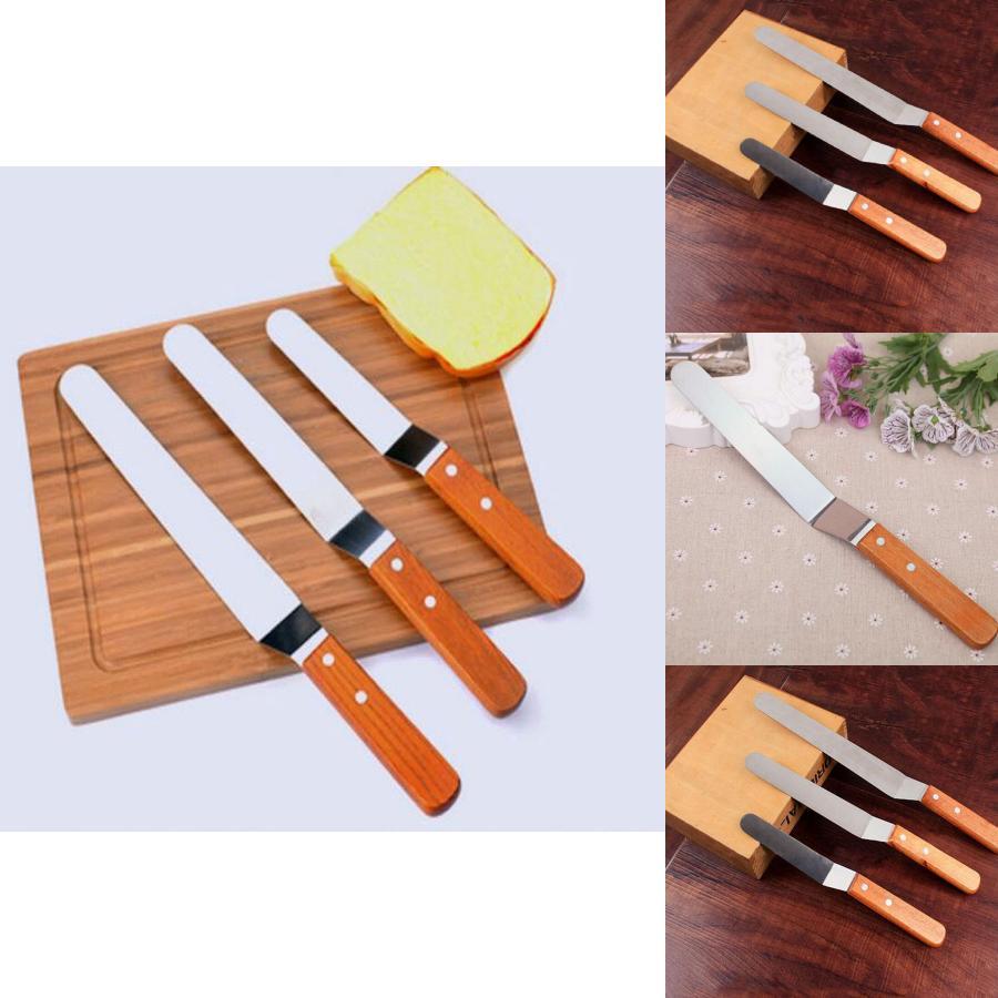 Professional Stainless Steel Wooden Handle Cake Decorating Spatula Set 4-inch 5-inch 10-inch