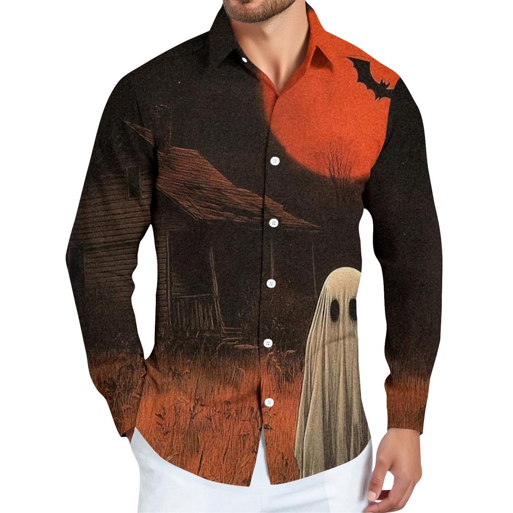 Men's Halloween Print Long Sleeve Button-down Shirt
