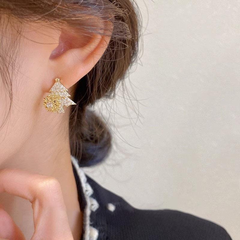 Rotatable Christmas Tree Zircon Stud Earrings, Sterling Silver, Light Luxury Design for Women