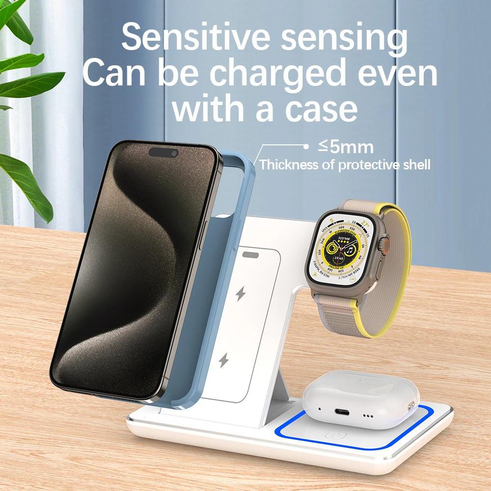 30W LED Rask Trådløs Laderstativ 3 i 1 Sammenleggbar Ladestasjon For iPhone 15 14 13 12 11 Klokke 9 8 7 6 5 Airpods Pro