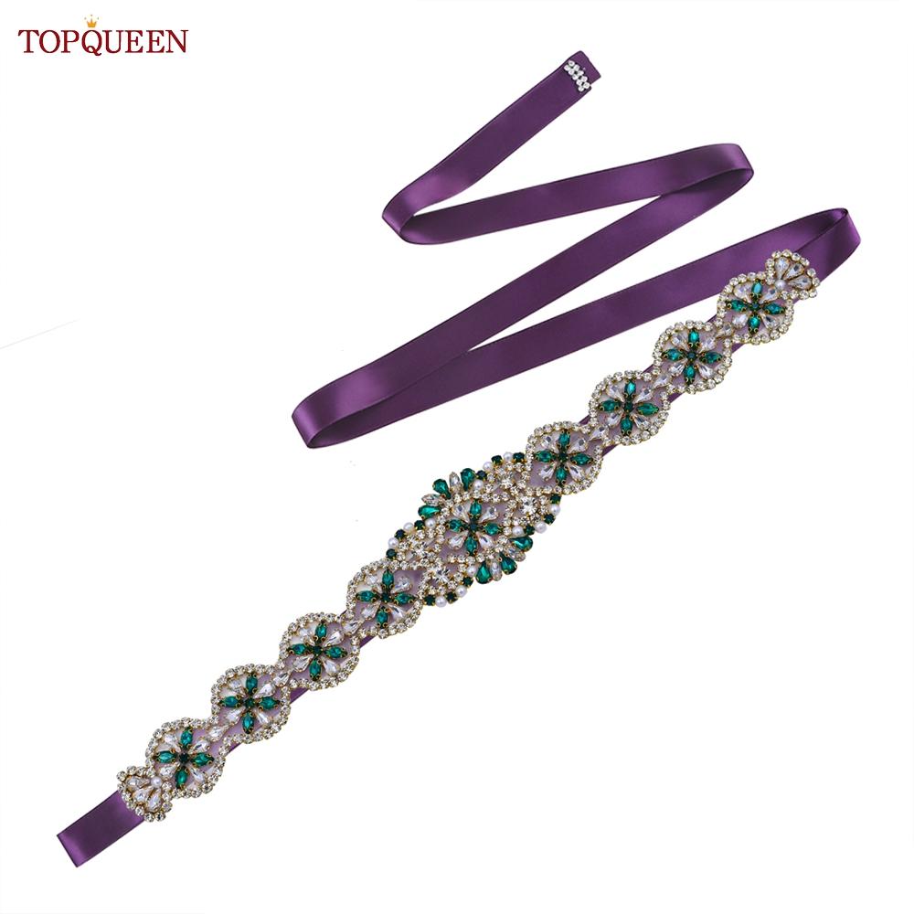 TOPQUEEN S161-KL Neuer Brautgürtel für Hochzeitskleider für Frauen in Gold, handgefertigt, Luxus-Schärpe, Zubehör für das tägliche Partykleid, grüner Strass