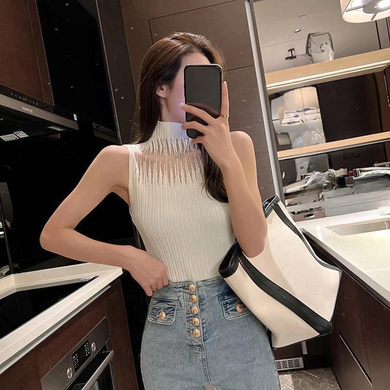 Women's Summer Fashion Knitted Tank Top Half High Neck Comfortable Breathable T-Shirt Thin Sleeveless Pullover Corset Top