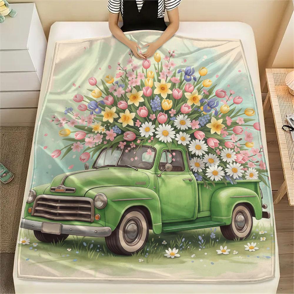1Pc Seasons truck Print Flannel Blanket, High quality Comfortable for All Seasons, Home Decor, Warmth and Comfort, Perfect for Christmas Gifts