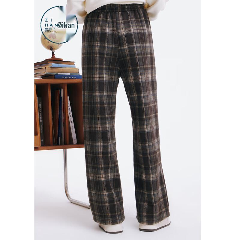 ZIHAN Women's Retro Coffee Plaid Wide-Leg Pants