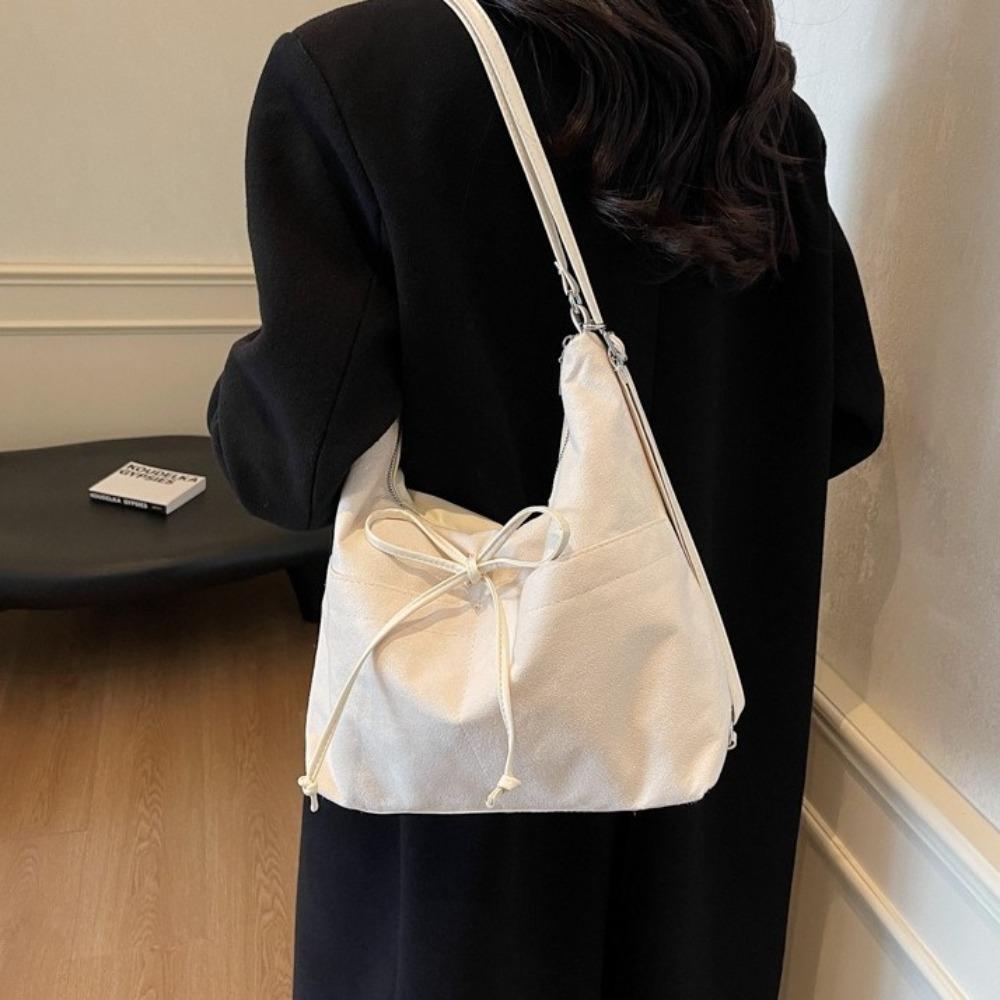 Large Capacity Bow Backpack Solid Color Shoulder Tote Bag Casual Suede Shoulder Bag Shopping