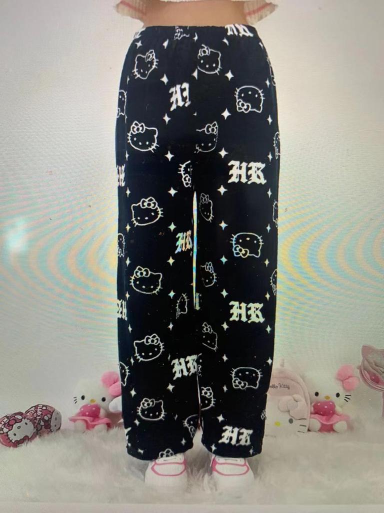 Damen Hello Kitty Halloween Flanell Schlafhose - Dick, gemütlich und mit Samt gefüttert für Herbst und Winter