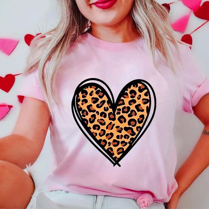 New Women's T-Shirts Clothing Valentine Leopard Love Heart Print Tees Breathable Tshirt Loose Top Harajuku Casual Short Sleeve