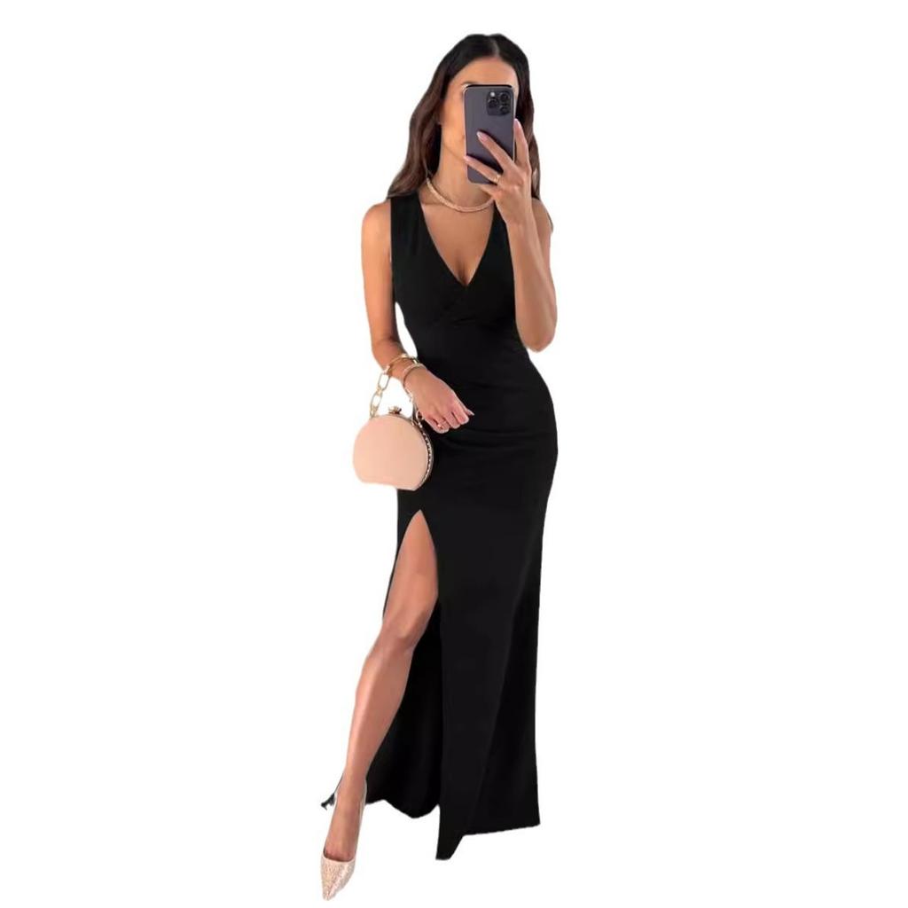 Women's Solid Color Sexy Slim Fit V-neck Sleeveless Slit Midi Dress European American Style Casual Summer Dress for Outdoor Dating