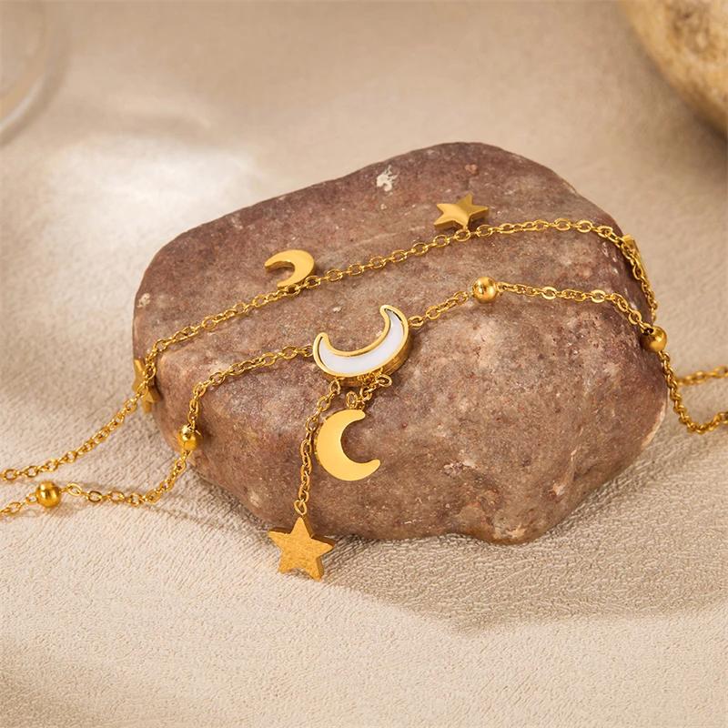 Stainless Steel 2025 New Fashion Jewelry Summer Beach Style Seashells Stars Moon Charm Beading Anklets Chain For Women
