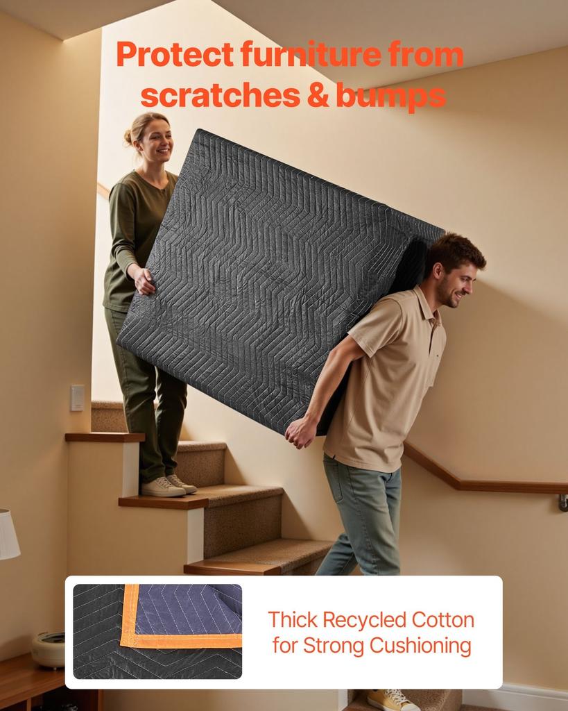 Moving Blankets 12 Pcs, 1829 X 1016 Mm (14.5 Kg/dz) Large Packing Blankets with Cotton Filling, Heavy Duty Nonwoven Fabric Padded Moving Blanket for
