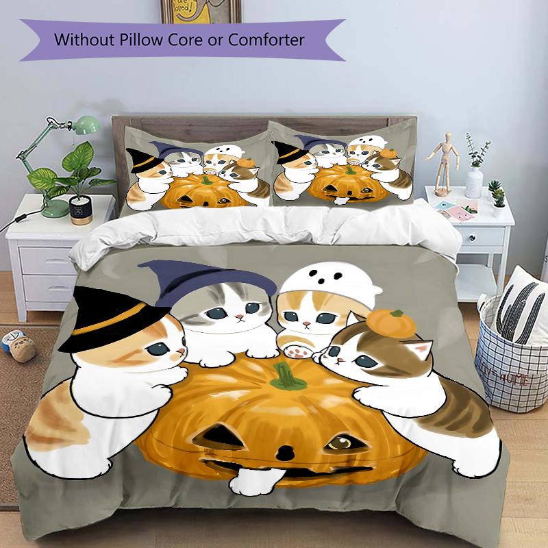 

3pcs Cute Cat & Pumpkin Print Cover Set Ultra Soft, Breathable, and Comfortable Bedding with Stylish Design for Bedroom and Guest Room Decor 1 Co 135x200cm