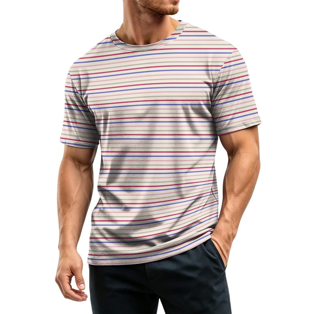 Men's Casual Quick-Dry Short Sleeve Shirt with Round Neck Lightweight Mesh and Striped Design