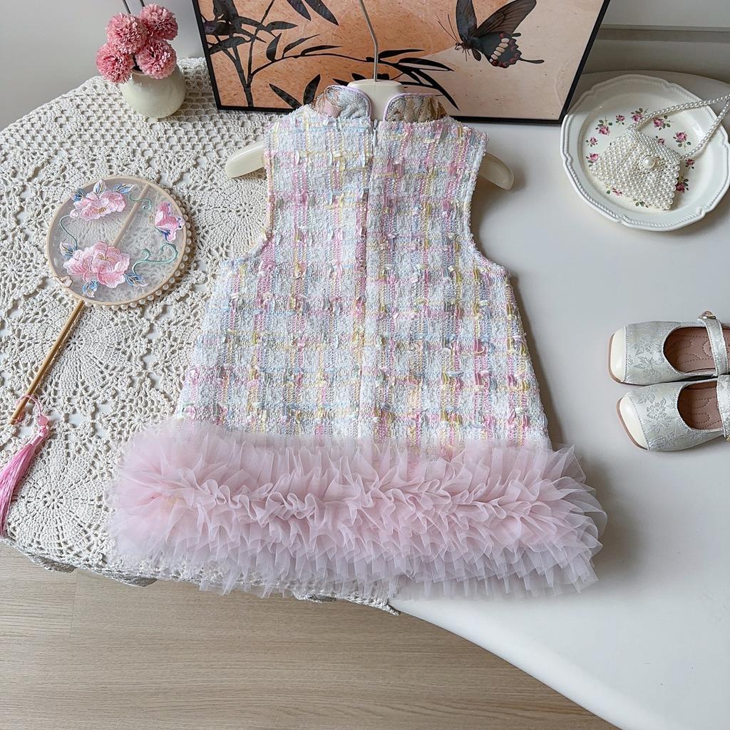 Winter Girls Thickened Warm Tulle Lace Vest Dress Chinese Hanfu Qipao Sleeveless Party Dress For Kids