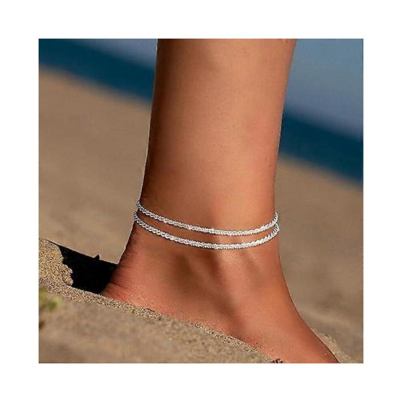 Silberne Doppelring-Ketten-Fußkette für Damen, Damen Strandfußkette