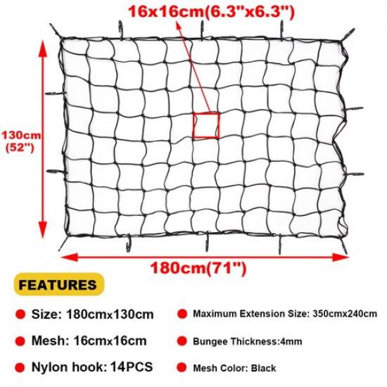 52  x 71   Cargo Net for Pickup Truck Bed Latex Bungee Net Mesh w14 Hooks
