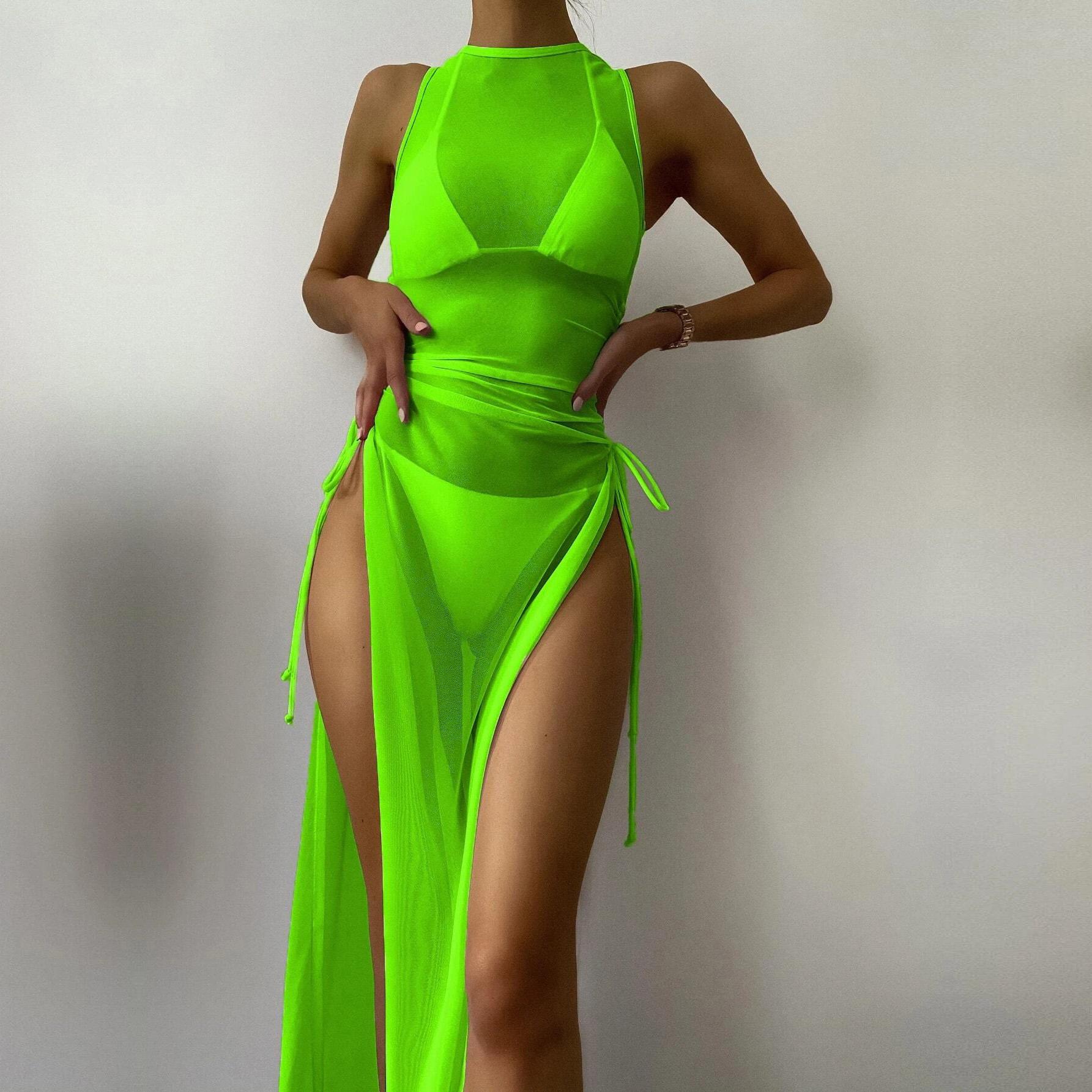 

Купальник женский с разрезом на трехточечной завязке, сплошной цвет, сетчатые комплекты бикини из трех частей L светло-зеленый