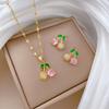 Light Luxury Cherry Pink Diamond Small Fresh Slightly Inlaid Real Gold Necklace Earrings Collarbone Chain Accessories Set