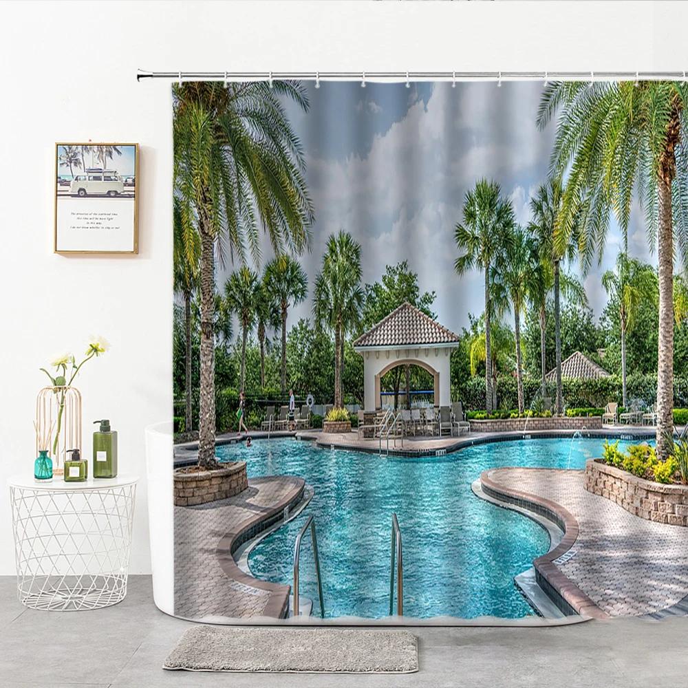 Swimming Pool Pattern Shower Curtain Exotic Ocean Bathroom Curtains Polyester Bathtub Screens Home Decoration with Hook