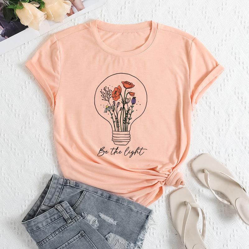 Summer Women's Fashionable Light Bulb Short Sleeved Casual Loose Cotton Round Neck Top