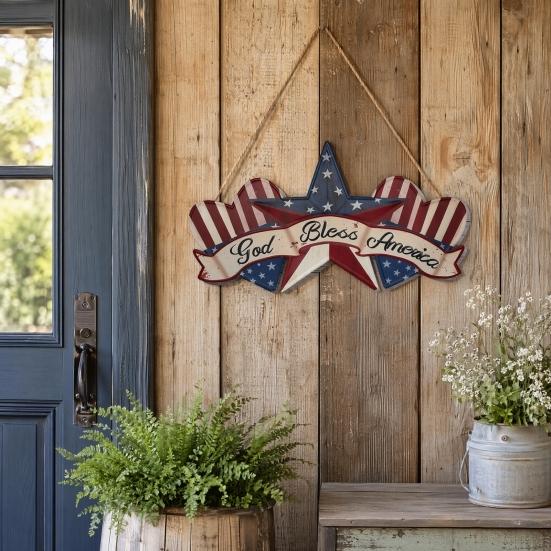 Yousheng Independence Day Wooden Sign, Rustic God Bless America Wall Hanging Decor with Red White Blue Stars and Stripes, Patriotic Wood Plaque for