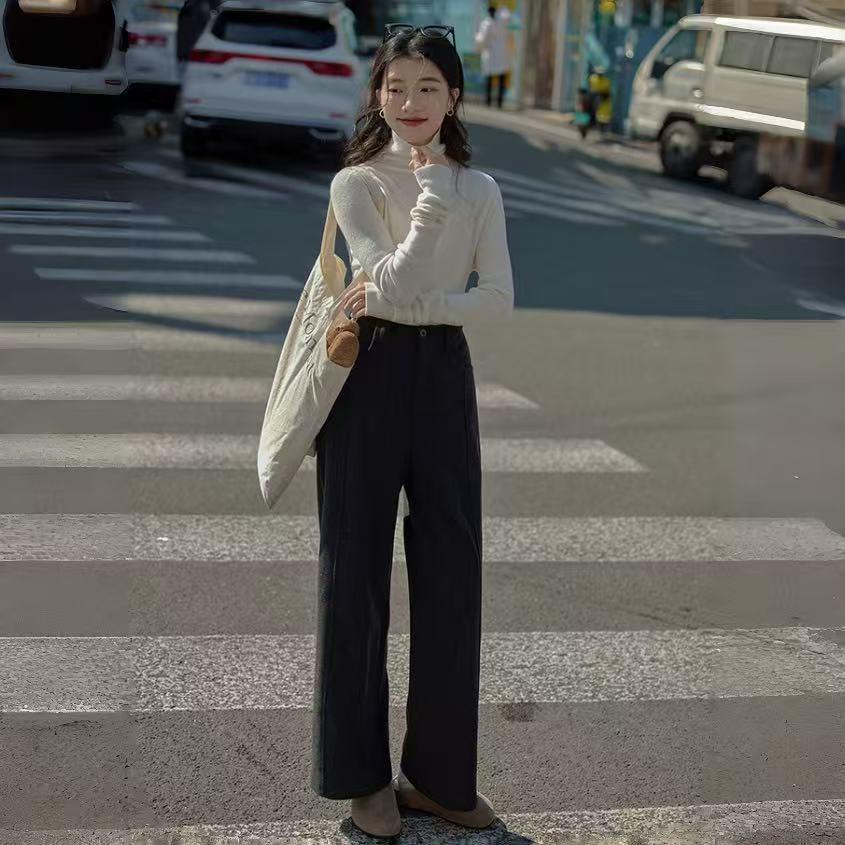 Women's Grey Wool Suit Pants - Autumn Drape, Versatile Wide-Leg, Straight, Solid Color