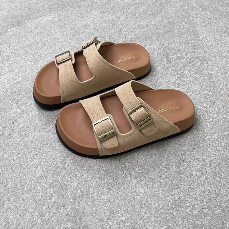 Leather Platform Slippers Women's Wear Spring and Summer New Belt Buckle One-word Drag Versatile Sandals