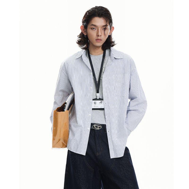 

Acrardic Versatile Blue Vertical Striped Long-Sleeve Shirt for Men, Cleanfit Simple Loose-Fitting Commuter Shirt Blue X L