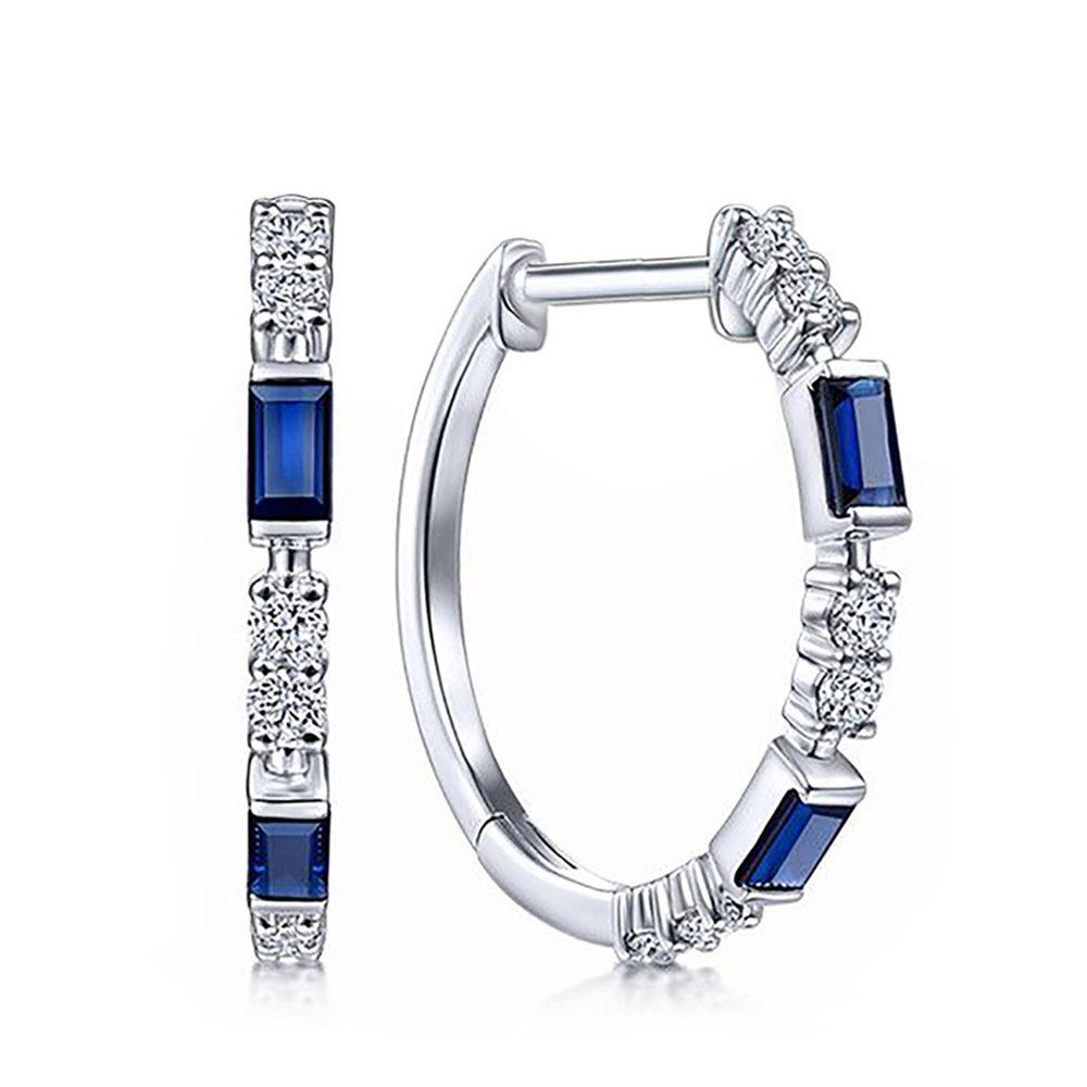 Silver Baguette Cut Sapphire Blue CZ Hoop Earrings Pave Clear Crystal Click Top Huggie Earrings Women Classic Jewelry