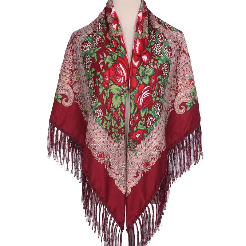 Ethnic Print Tassel Shawl For Women Autumn Winter Warm Square Scarf Bandanas Summer Sun Protection Headscarf Versatile Wrap