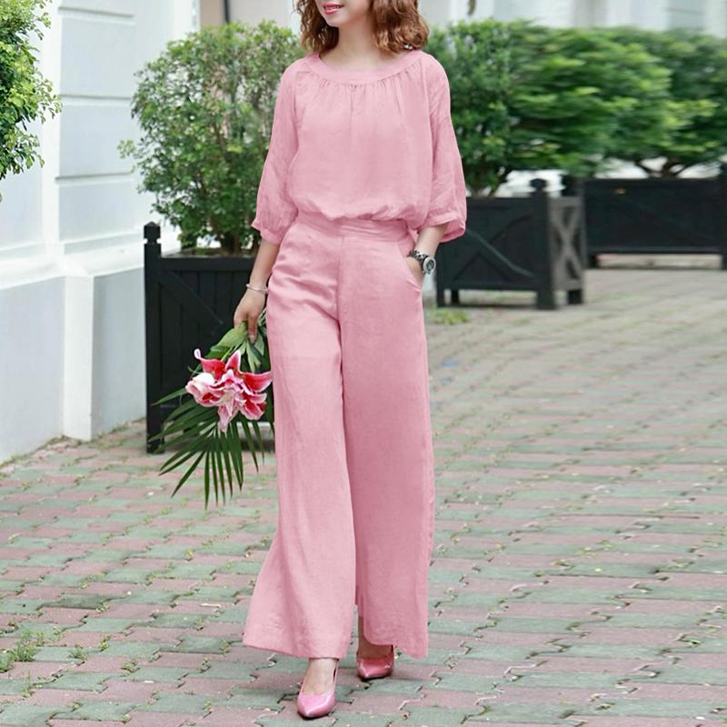 

ZANZEA Женская блузка с длинным рукавом и брюки повседневный комплект из двух частей 2XL розовый