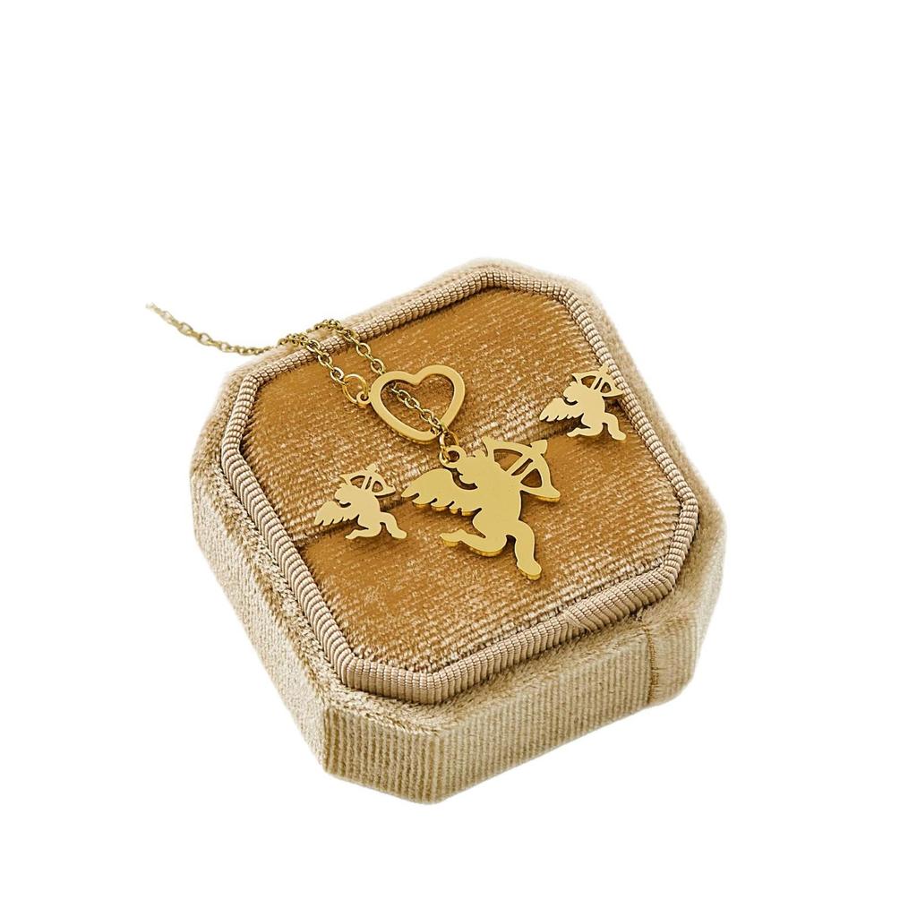 Gold Stainless Steel Flower Butterfly Dolphin Jewelry Set: Stud Earrings & Necklace