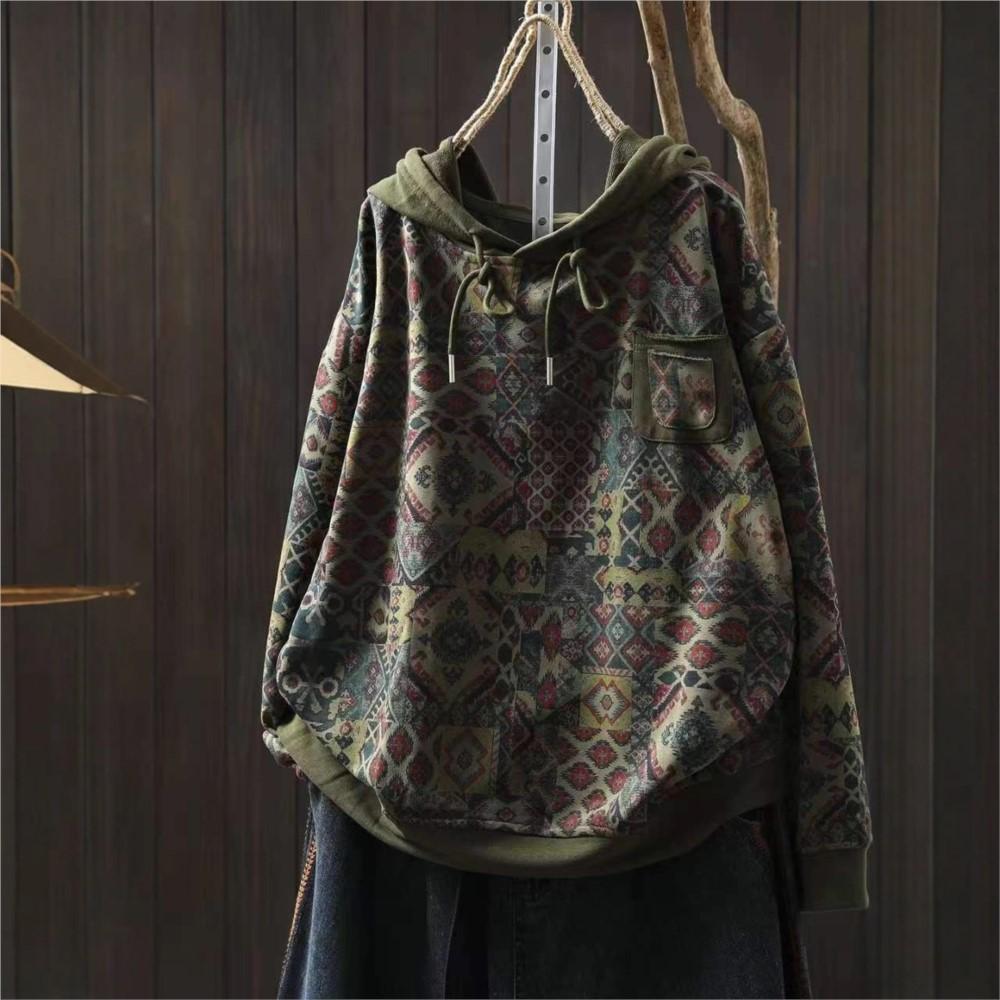 Johnature Damen Vintage Kapuzenpullover Strickpullover Print Floral Patchwork Taschen Herbst Gestrickt Lässig Weibliche Pullover