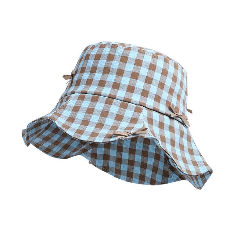 Women's Spring Summer Simple Plaid Bucket Hat Korean Version Fashionable Versatile Sunshade Sunscreen Sweet Bow Basin Hat