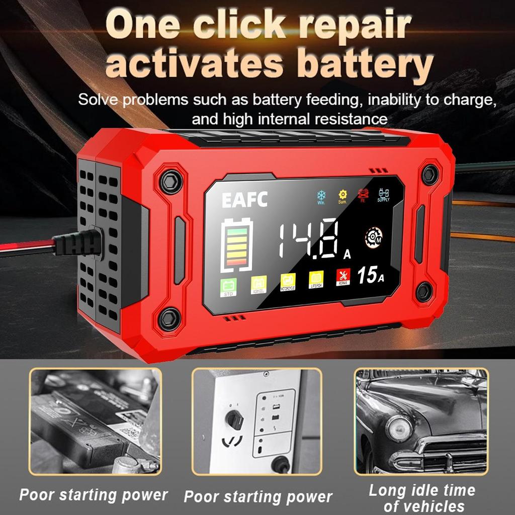 EAFC 12V 15A Smart Car Battery Charger, Color Screen Smart Fully Automatic Battery Charger Maintainer Trickle Charger