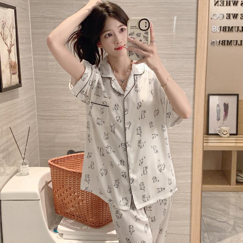 Sketch Rabbit Printing Short-Sleeved Pajamas Women'S Summer Thin Ice Silk Loungewear Loose Three-Piece Set Real Shot