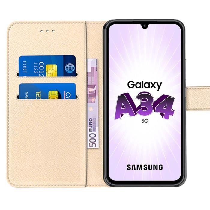 Case for Samsung Galaxy A34 5G with 2 Tempered Glasses - Protection Golden Leather Effect Magnetic Closure