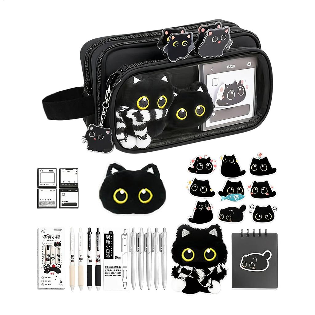 Large Cat Pencil Pouch 10-Layer, Animal Pencil Case with Stickers & Gel Pens, Stationery Organizer for Kids Girls Boys Gift