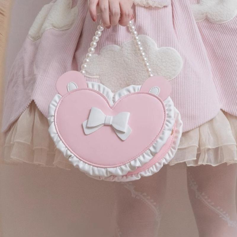 Contrast Heart Bow Bags for Woman Original Lolita Sac Femme Pearl Crossbady Bag Cute Bolso Teenage Girls Bolsos De Mujer