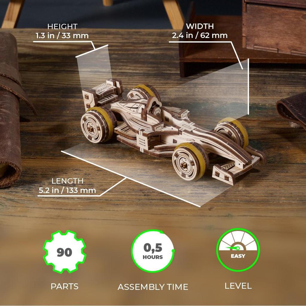 Ugears Compact Racer 70252 Wooden No Glue or Tools 3D Puzzle with Assembly Puzzle, Required, Instructions, Beginner-Friendly
