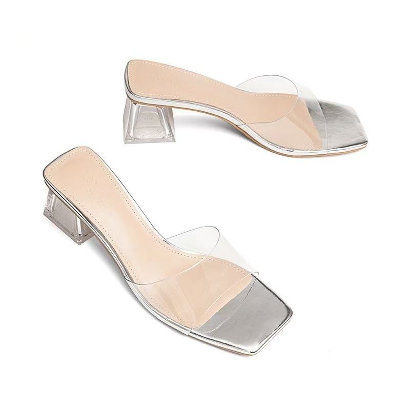 

Square head crystal nude summer new wear transparent slippers women s word sandals high heels 35 прозрачный