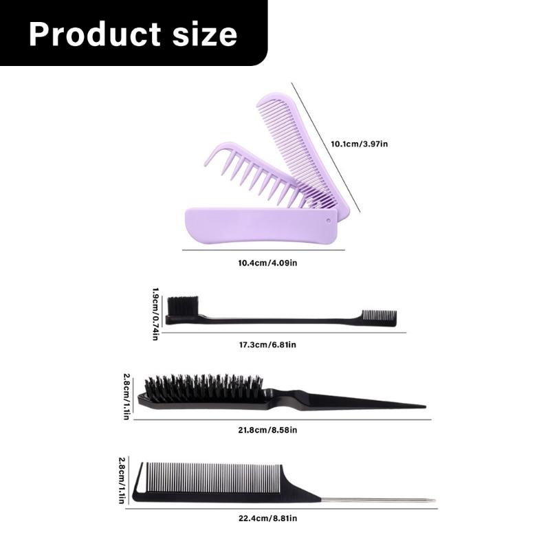 4Pcs Detangling Brush Set Edge Brush Teasing Brush Hair Styling Comb Metal Pin Ratted Tail Combs Folding Hair Comb