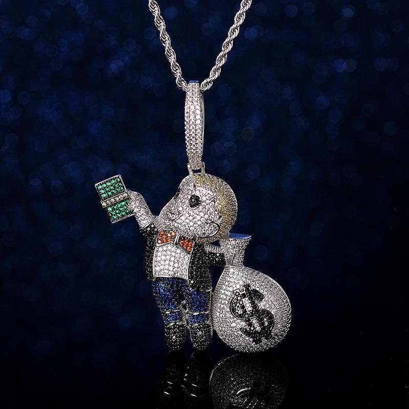 European and American Hip Hop Pendant Hand Held US Dollar Bill Bald Little Boy Beautiful Money Bag Micro Inlaid Colorful Zircon Necklace