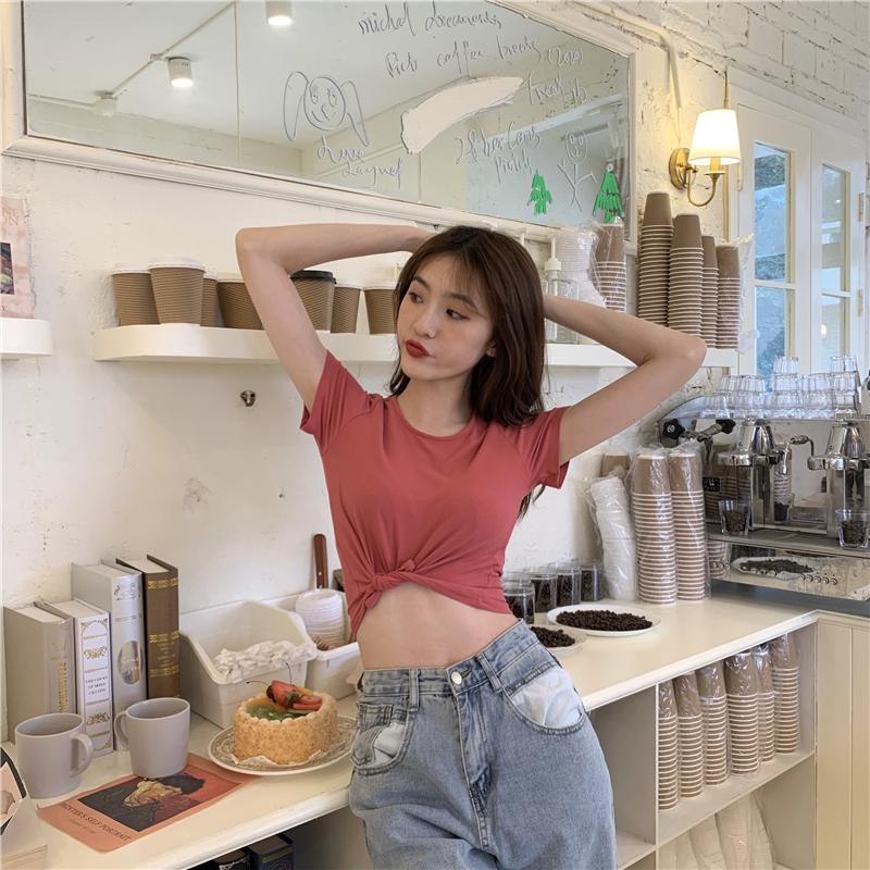 

Летняя женская футболка с круглым вырезом и коротким рукавом, новые облегающие топы, однотонные повседневные простые футболки, женская одежда 2896 One Size красный