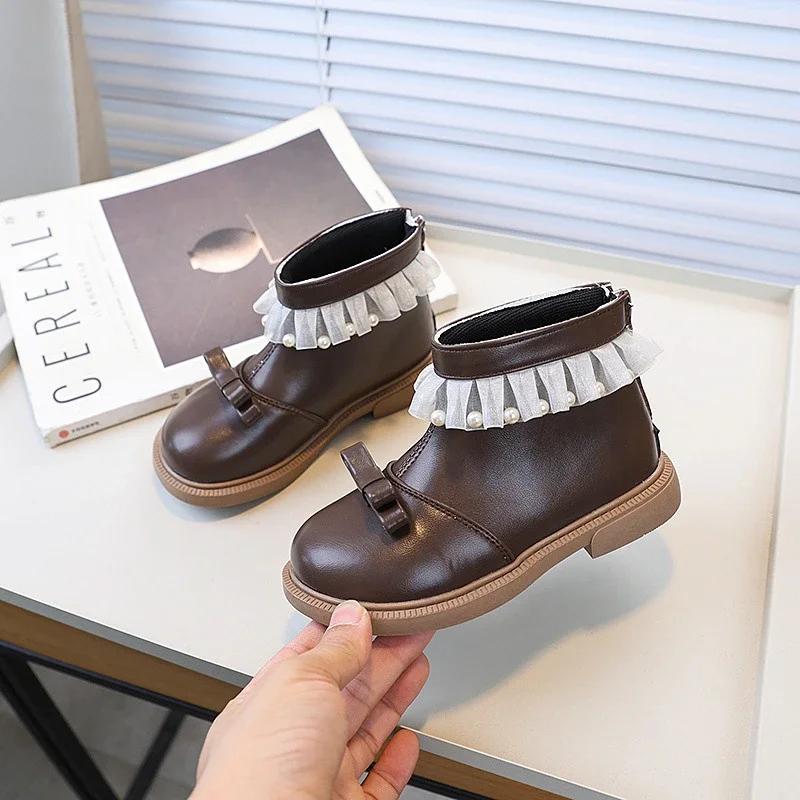 Spring Autumn Girls Fashion Beige Ankle Boots Sweet Children Lolita Leather Boots Causal Versatile Bowknot Princess Kid's Boot