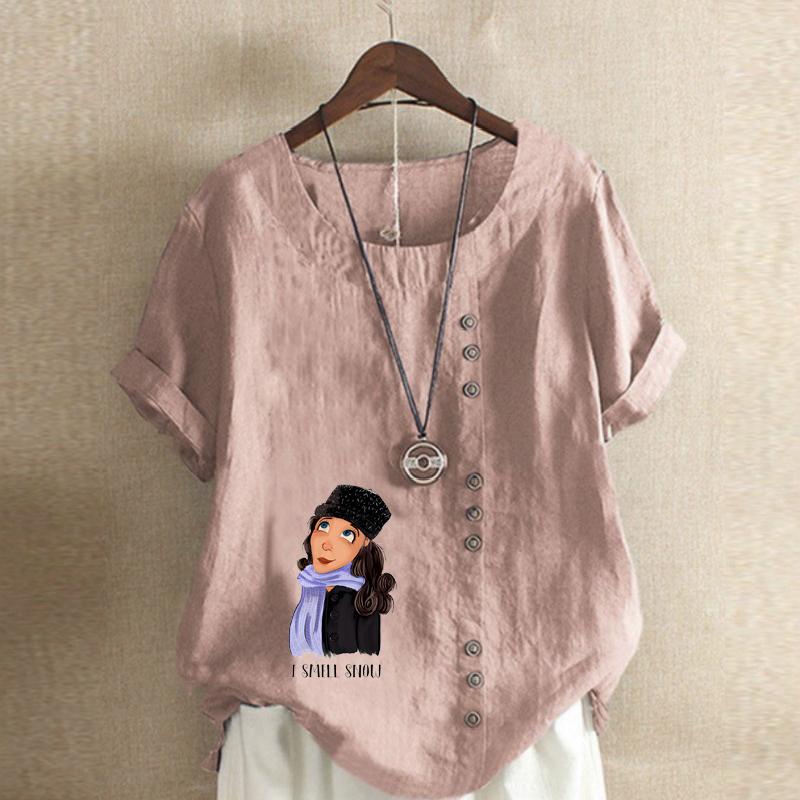Damen Neue Mode Leinenhemd Rundhalsausschnitt Kurzer Ärmel Schal Mädchen Bedrucktes T-Shirt Sommer Damen Freizeit Große Größen Blusen Oberteile